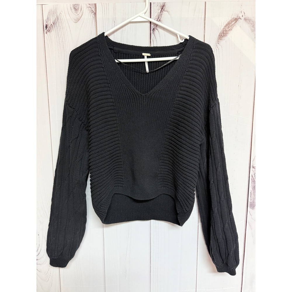 Free People Women's When It Rains V Neck Sweater Black Medium‎